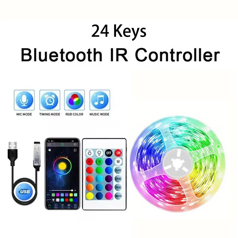 Fita de LED USB 1-30m RGB SMD 2835 com Mudança de Cor, Controle por Aplicativo Bluetooth, Fita de Diodo LED para Decoração de Quarto e Iluminação Traseira de TV