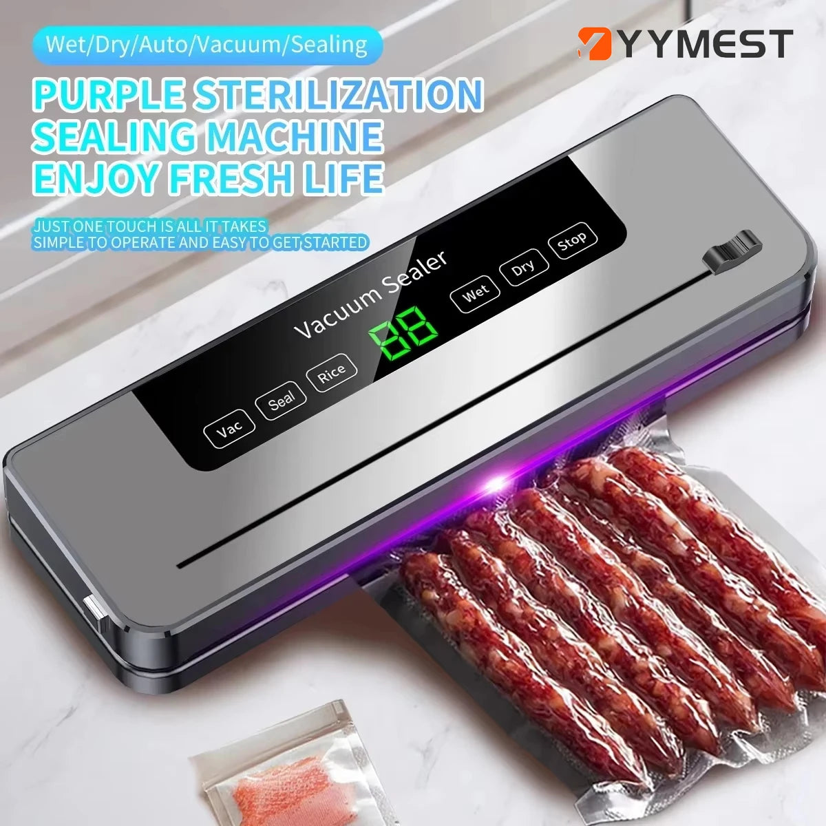 Seladora a Vácuo Elétrica para Armazenamento de Alimentos com Botão Touch, Função Seco/Úmido e Cortador Integrado, Máquina de Embalagem a Vácuo para Cozinha