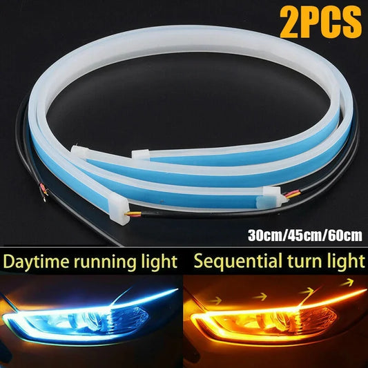 2 Peças Faixa Guia LED 12V para Farol Automotivo, Luz Diurna DRL com Seta Sequencial Switchback 30cm/45cm/60cm