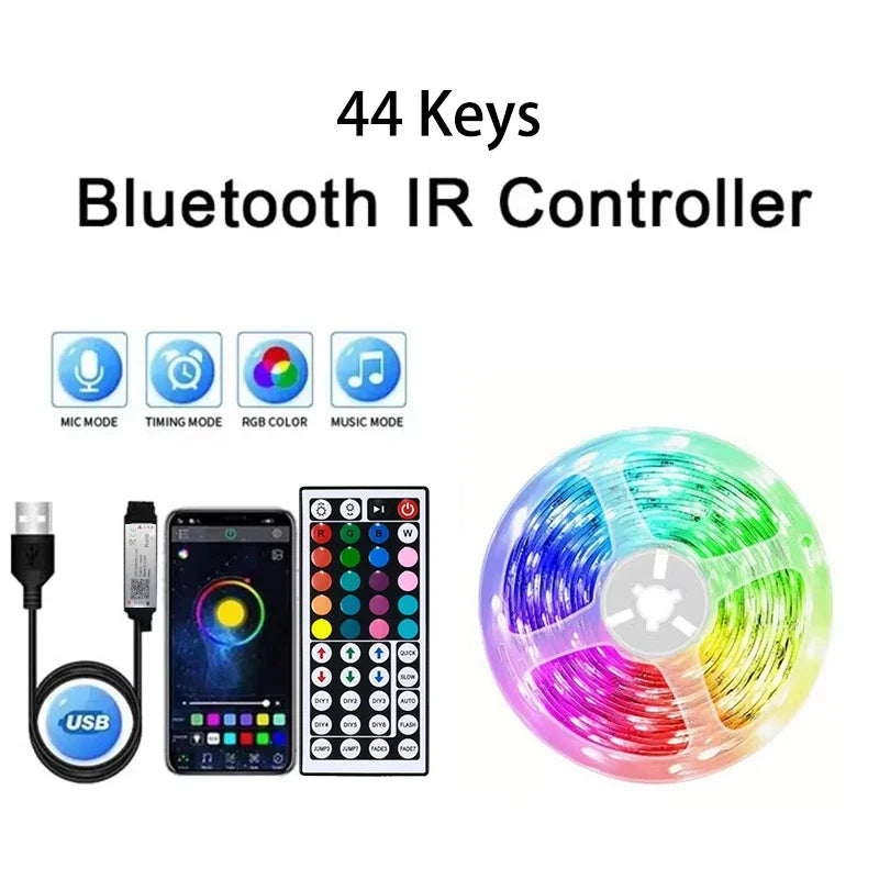 Fita de LED USB 1-30m RGB SMD 2835 com Mudança de Cor, Controle por Aplicativo Bluetooth, Fita de Diodo LED para Decoração de Quarto e Iluminação Traseira de TV