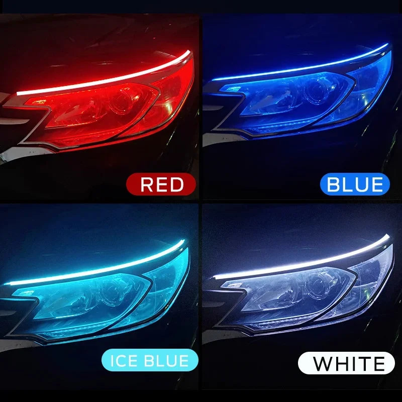 2 Peças Faixa Guia LED 12V para Farol Automotivo, Luz Diurna DRL com Seta Sequencial Switchback 30cm/45cm/60cm