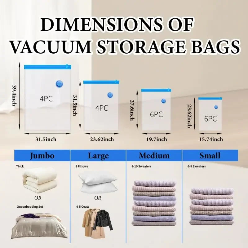 5 Peças Sacos de Armazenamento a Vácuo ou 1 Peça Bomba, Sacos Selados a Vácuo para Economia de Espaço, Ideais para Edredons, Roupas, Travesseiros, Roupas de Cama e Cobertores
