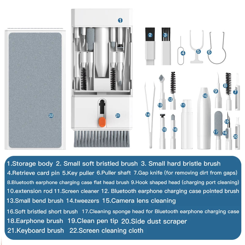 Kit de Limpeza Eletrônica Multifuncional 22 em 1 com Limpadores para Fones Bluetooth, Escovas para Porta de Carregamento e Ferramentas para Limpeza de Teclado