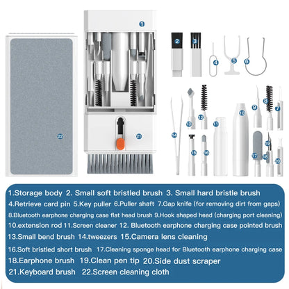 Kit de Limpeza Eletrônica Multifuncional 22 em 1 com Limpadores para Fones Bluetooth, Escovas para Porta de Carregamento e Ferramentas para Limpeza de Teclado