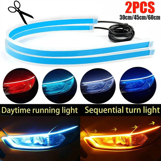 2 Peças Faixa Guia LED 12V para Farol Automotivo, Luz Diurna DRL com Seta Sequencial Switchback 30cm/45cm/60cm