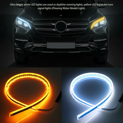 2 Peças Faixa Guia LED 12V para Farol Automotivo, Luz Diurna DRL com Seta Sequencial Switchback 30cm/45cm/60cm