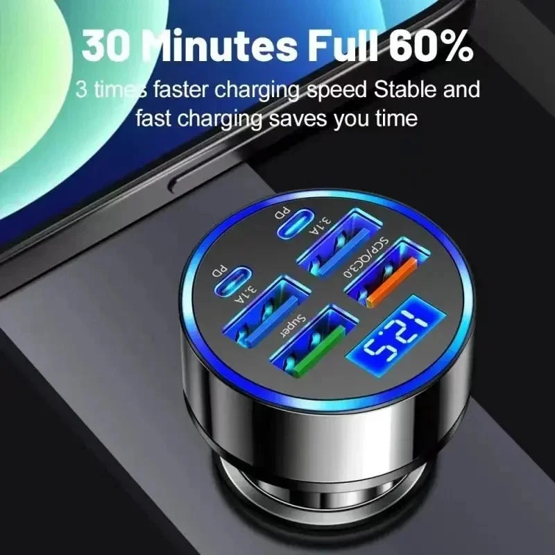Carregador Automotivo 350W USB PD QC3.0 USB C, Adaptador Tipo C para iPhone Samsung Huawei Xiaomi com Carregamento Rápido