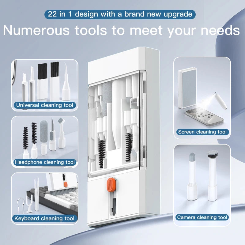 Kit de Limpeza Eletrônica Multifuncional 22 em 1 com Limpadores para Fones Bluetooth, Escovas para Porta de Carregamento e Ferramentas para Limpeza de Teclado